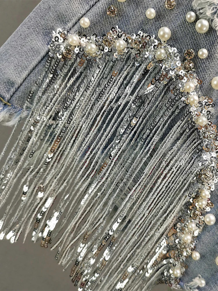 Summer Elegant Shorts Lady Tassel Beading High Waist Wide Leg Denim Female Casual Solid Jeans for Women Clothing 250604