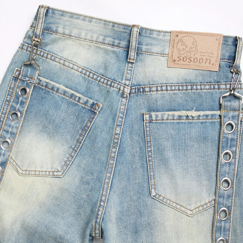 Men Multi Pockets Cargo Denim Shorts Summer Punk Rivet Blue Jeans Ripped Hem Knee Length Breeches 250604