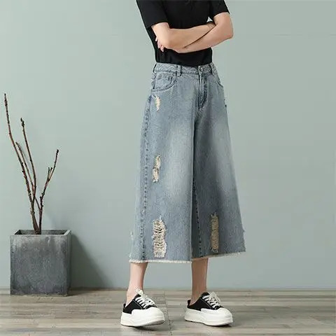 Ripped Jeans Woman CalfLength Pants Womens Wide Legs Loose Thin Summer Retro Denim High Waist Baggy Korean Fashion Clothes 250604