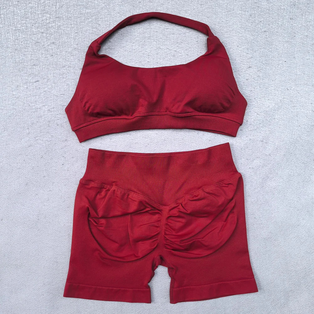 Gym Set Women Workout Clothes Scrunch Shorts Set Halter Sports Bra Fitness Top Woman Sportswear Yoga Set Outfits 250605