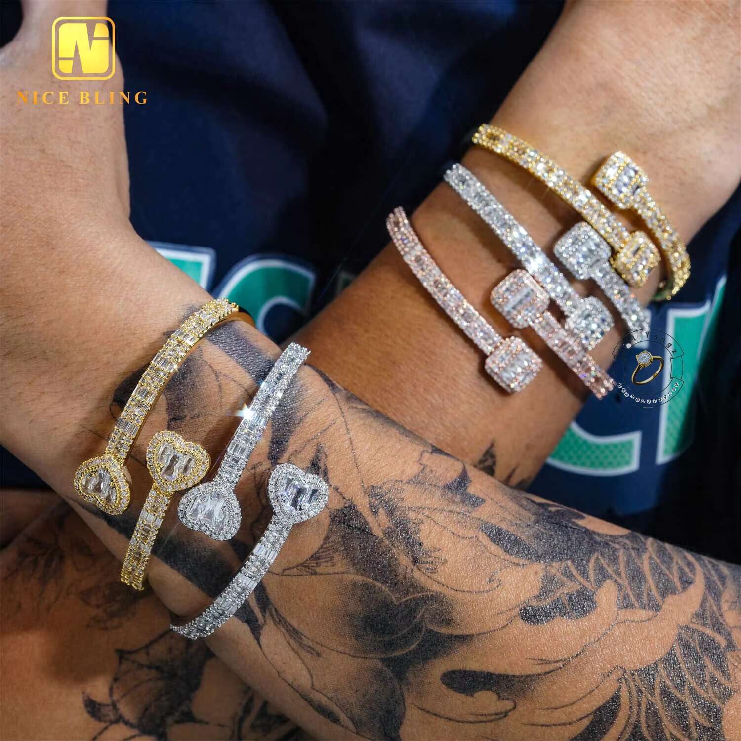 Ready Stock Good Quality Affordable Iced Out Bangle Bracelet 18k Gold Plated Necklace Moissanite Jewelry Hip Hop Rock Gifts