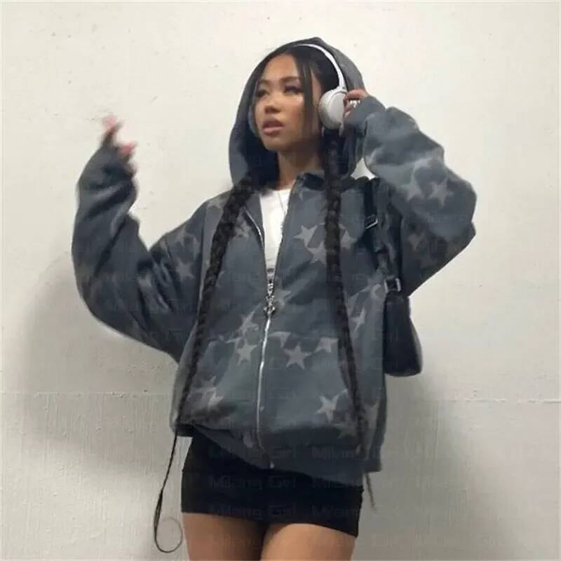 Women Long-Sleeved Zip Hoodie Jacket Oversize Streetwear Vintage Fashion Star Graphic Fairy Grunge Men Y2k Clothes Emo Pullover