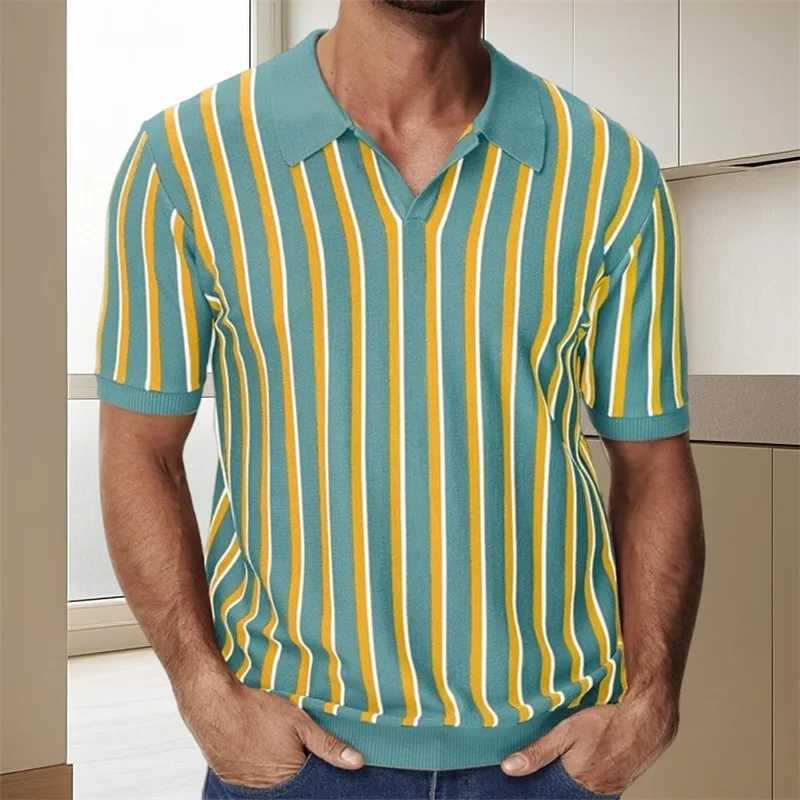 Mens Fit Striped Knit Shirt with Lapel V Neck and Short Sleeves - Stylish Summer Streetwear Top for a Trendy Look XJ250605
