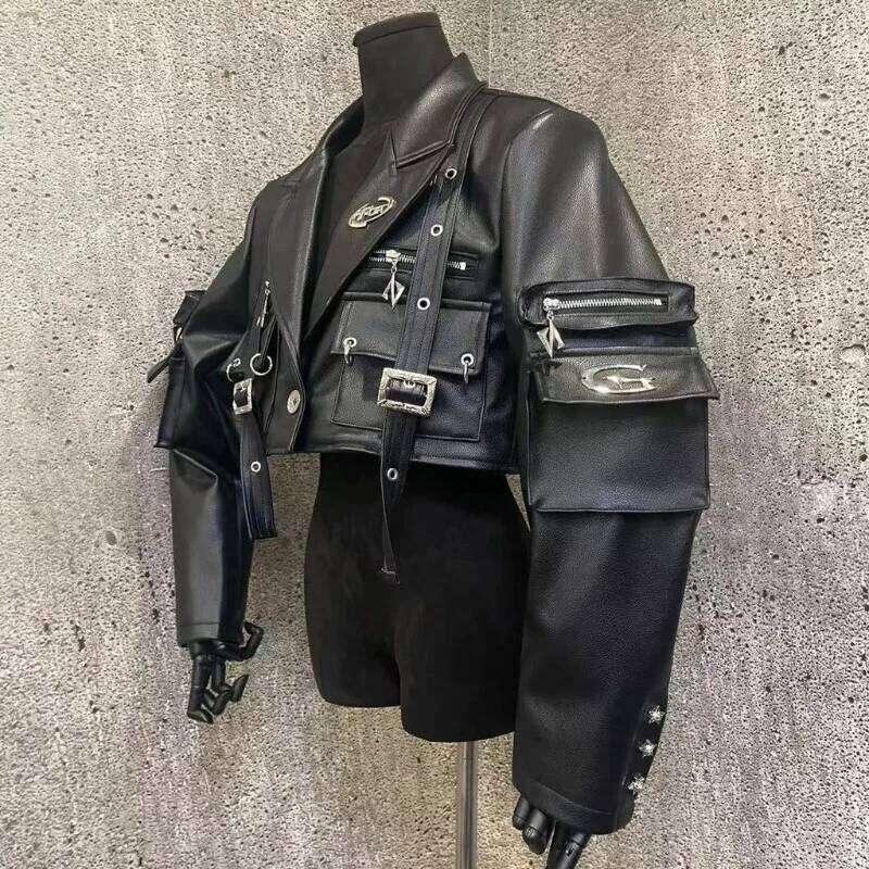 Gmiixder Punk Niche Original Metal Decoration Motorcycle PU Leather Jacket Short Coat Unisex Autumn 2024SS Streetwear