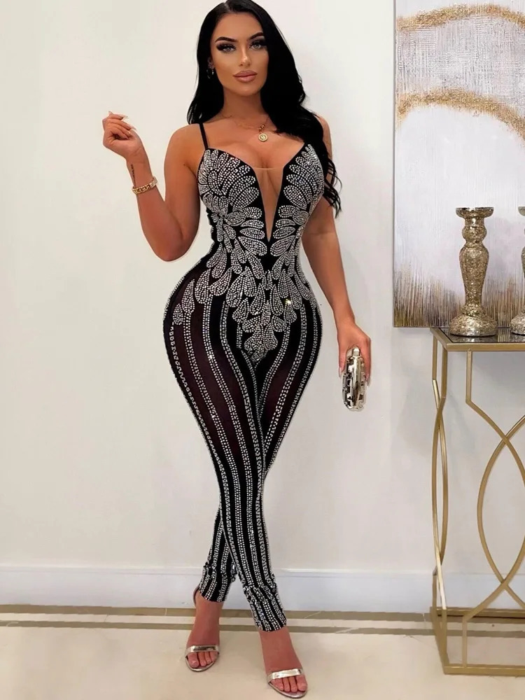 Kricesseen Sexy Rhinestone Crystal Sheer Skinny Jumpsuits Women Strap Mesh Patchwork s Rompers Night Clubwear Outfits 250521