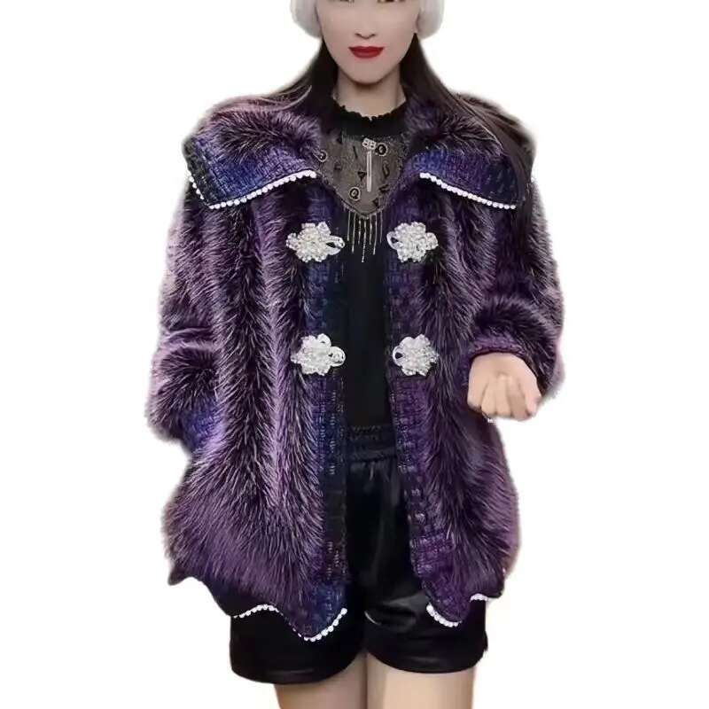 Faux Fur Coat For Women,Korean Jackets,Double Breasted Overcoat,Turn-Down Collar , Female Clothes, Winter,New, 2024
