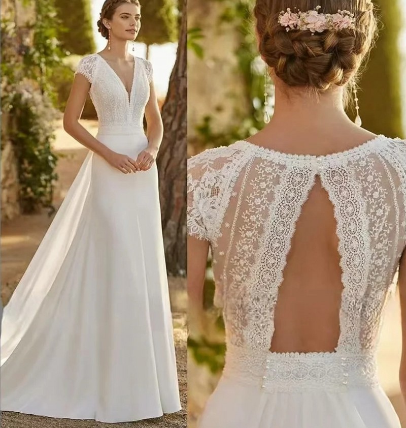 Modern Classic Wedding Dress 2025 For Bride V-Neck Backless A-Line Lace Appliques Chiffon Boho Beach Bridal Gowns Vestidos De Noiva Robe De Mariage