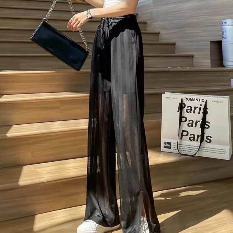 Womens Pants with Slits Clothing White Transparent Straight Leg Trousers for Women Y2k Streetwear Aesthetic Summer Autumn Casual 250604