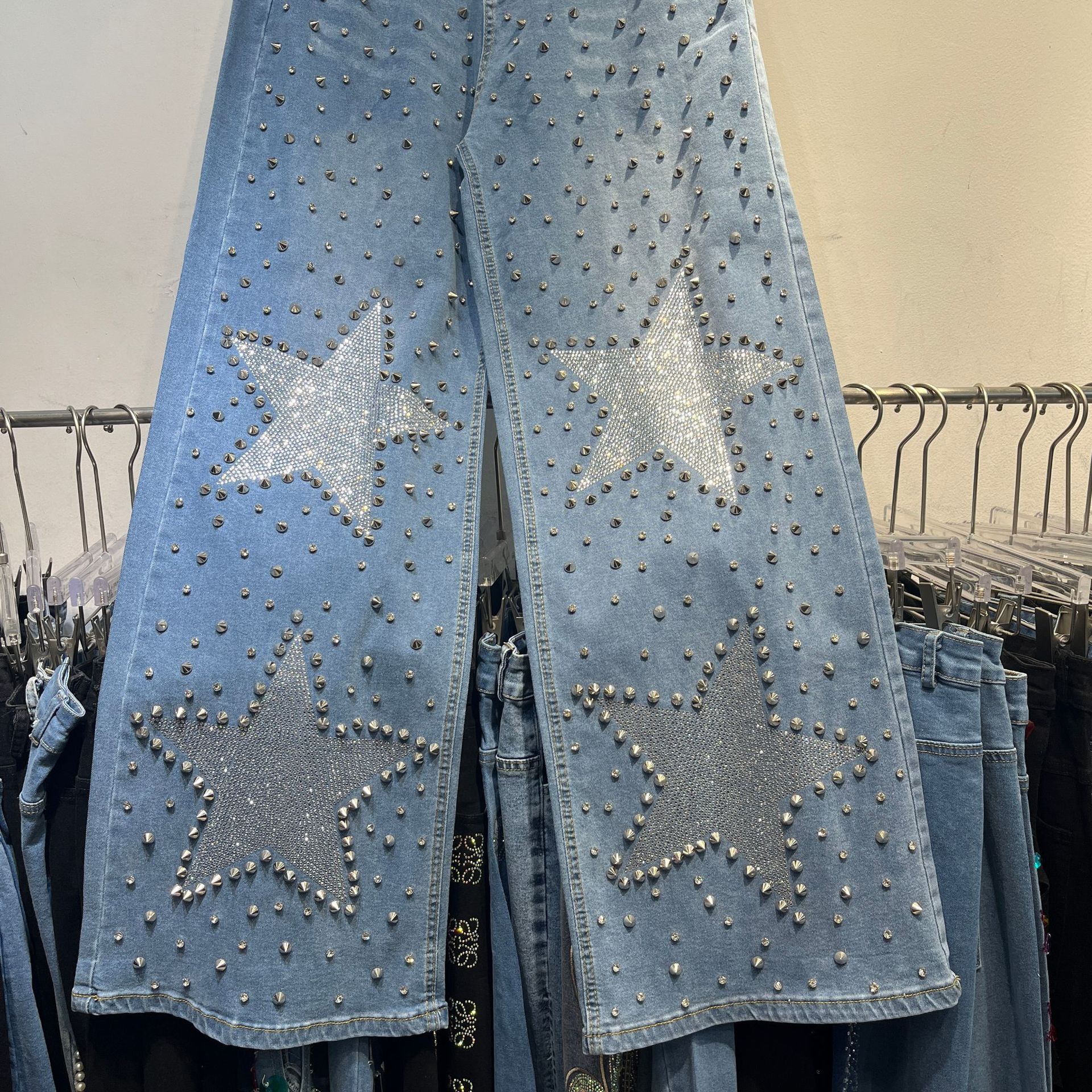 2025 Spring/Summer New Women's Pants, Retro Heavy Craft Water Diamond Women's Jeans, Spring/Summer Korean High Waist Slimming Designer Strai