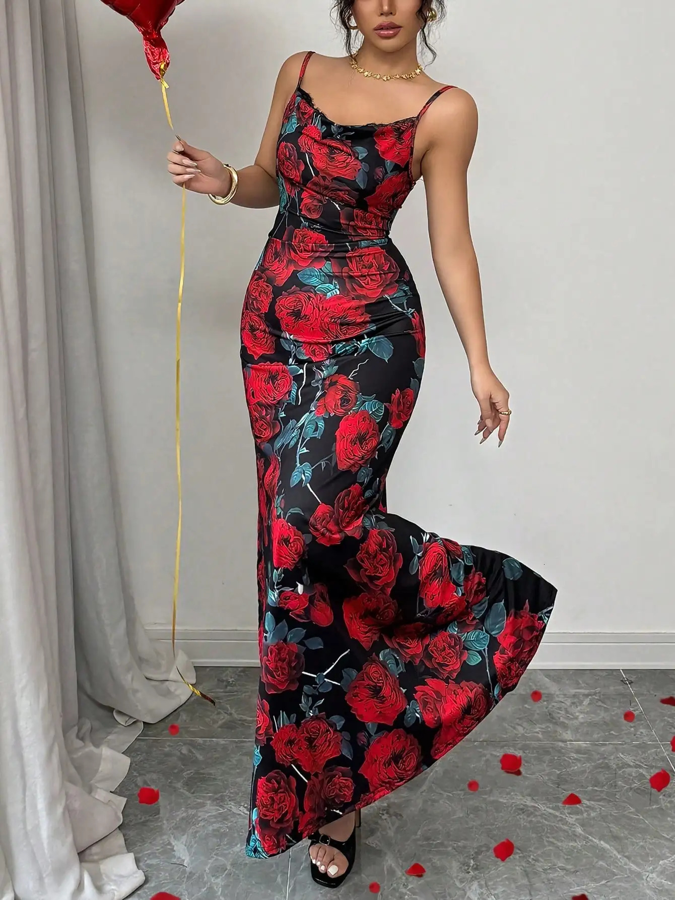 Valentines Day rose elegant tight suspender lace splicing small collar print multicolor spring and summer womens long dress 250604