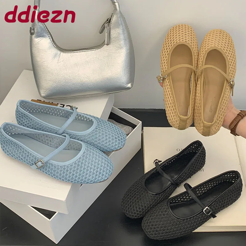 Female Buckle Strap Footwear Ladies Flats Mary Janes Shoes 2025 Fashion Mesh Shallow Women Ballet Flats Shoes 250603