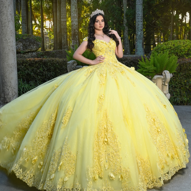 Yellow Shiny Quinceanera Dresses Ball Gown Off The Shoulder Applique Flower Beads Tull Sweet 16 Dress Vestidos 15 De Anos