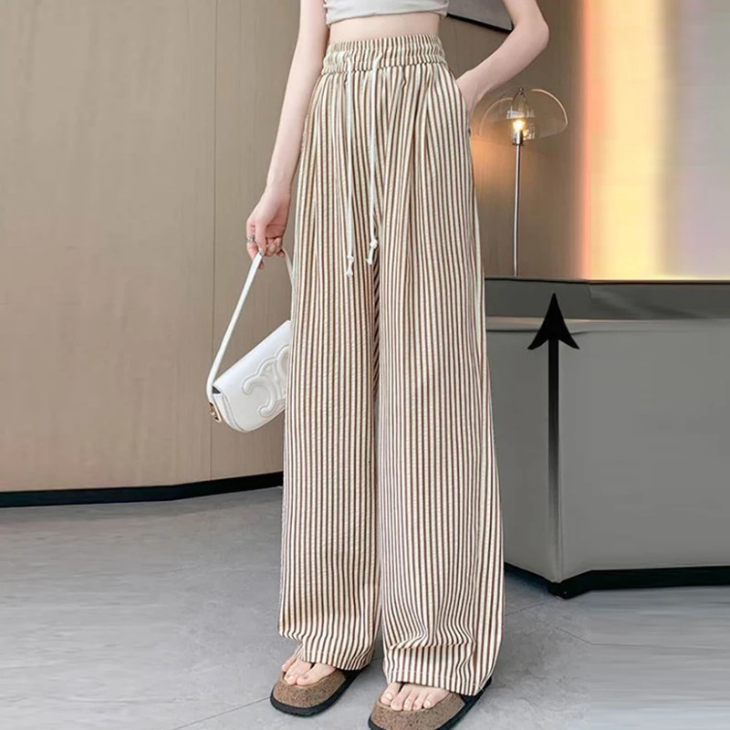 Vertical Stripe Drawstring High Waisted Straight Wide Leg Long Pants Clothes Vintage Casual Women Summer Trousers OL Trend 250604