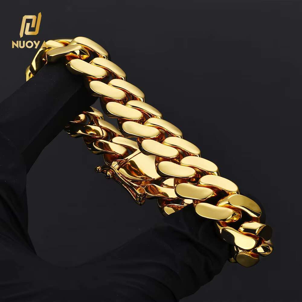 Luxury 18K Gold Plated Flat Cuban Chain Bracelet for Men High Polished Smooth Cuban Bracelet Hip Hop Jewelry Wholesale