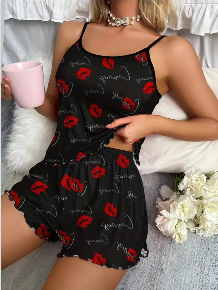 Womens Leopard Print Suspender Top and Elastic Waist Shorts Womens Sexy Casual Home Summer Pajama Set 250529