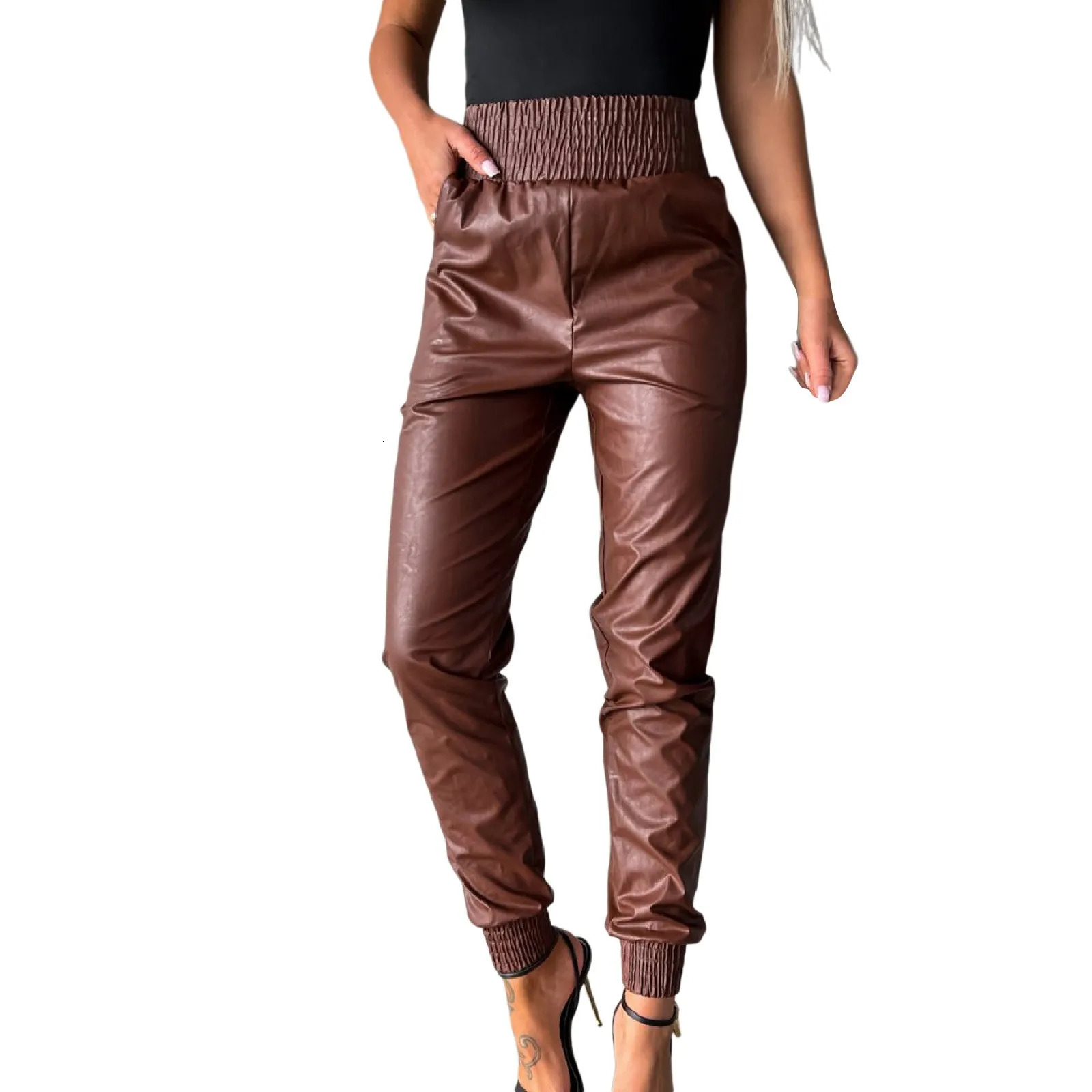 WomenS Elastic Waist Trousers Smocked Tapered Leg Pu Faux Leather Jogger Pants With Pockets Vintage Y2k Streetwear 250603