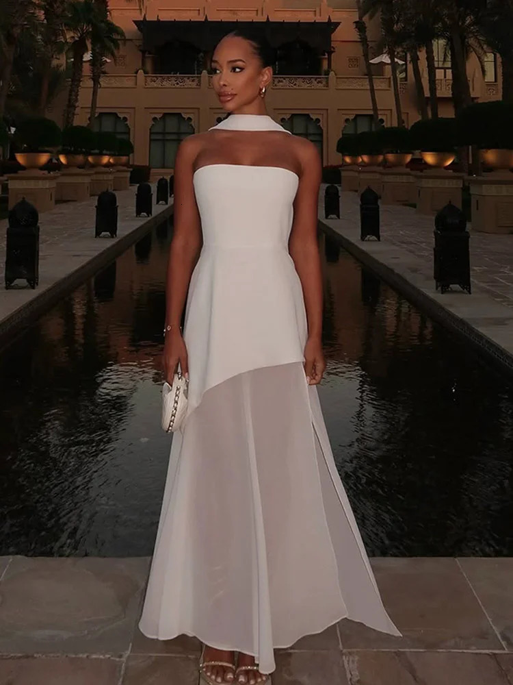 Elegant White Gauze Off Shoulder Long Dress Women Fashion Sleeveless Backless Aline Dresses Lady Vocation Beach Robes 250604