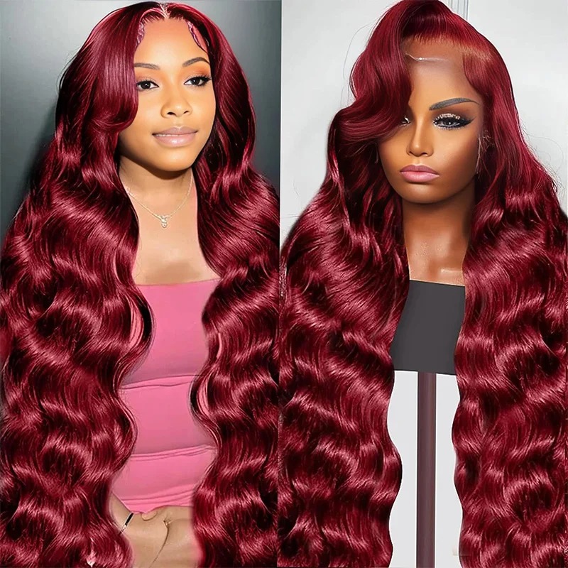 99J Burgundy Lace Frontal Wig 13x6 Body Wave Lace Front Wig HD Transparent Lace Frontal Wig Human Hair Pre Plucked 99j Red Color Synthetic