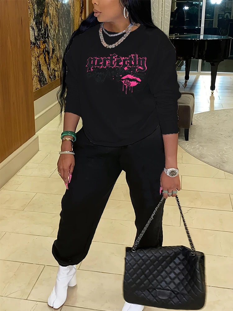 Plus Size Womens Fashion Casual Sports Autumn And Winter TwoPiece Pants Set 250605Z