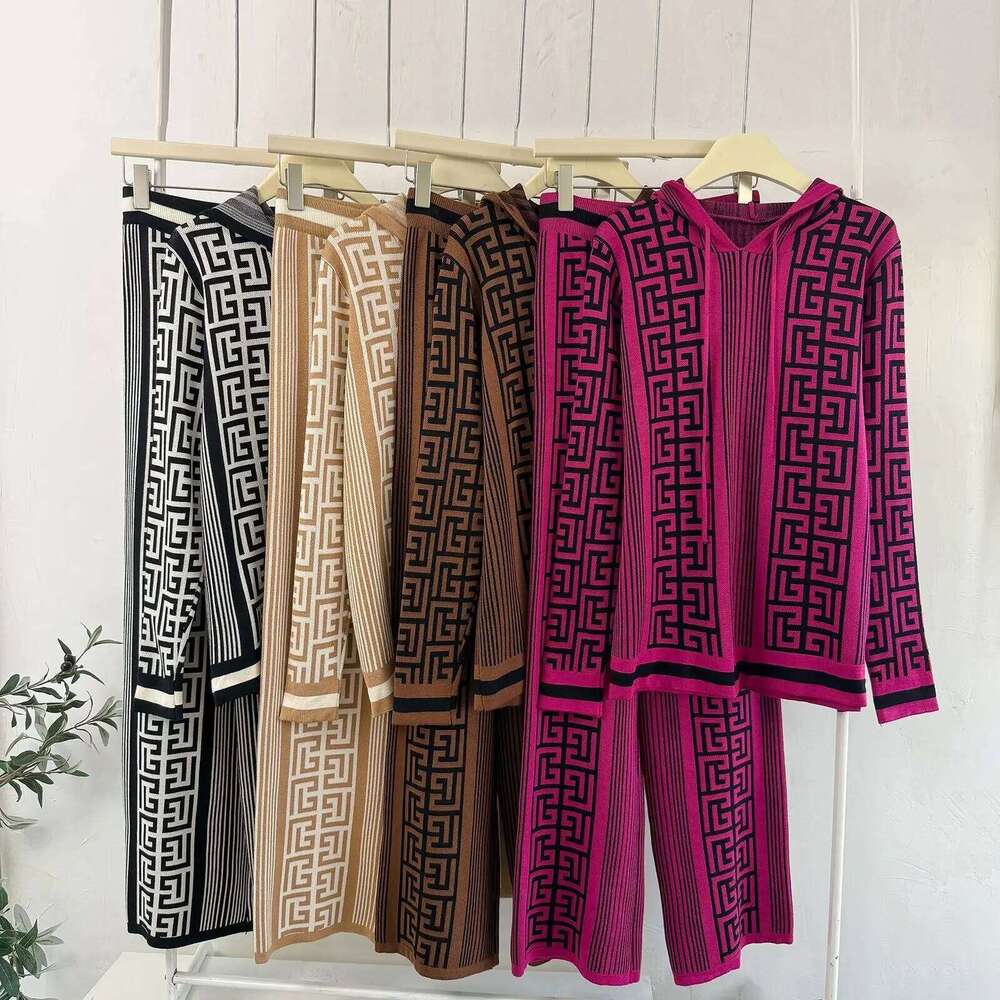 Slimming Casual Knitted Set Women Loose Sweater Wide Leg Pants Two Piece Trendy Autumn Winter New Arrival European Style