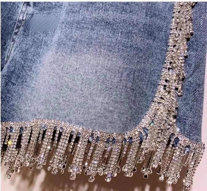 Sexy Women Rhinestones Fringed High Waist Drilling Denim Shorts Diamonds Tassels Jeans Pants Chic Crystal Short Trousers 250604