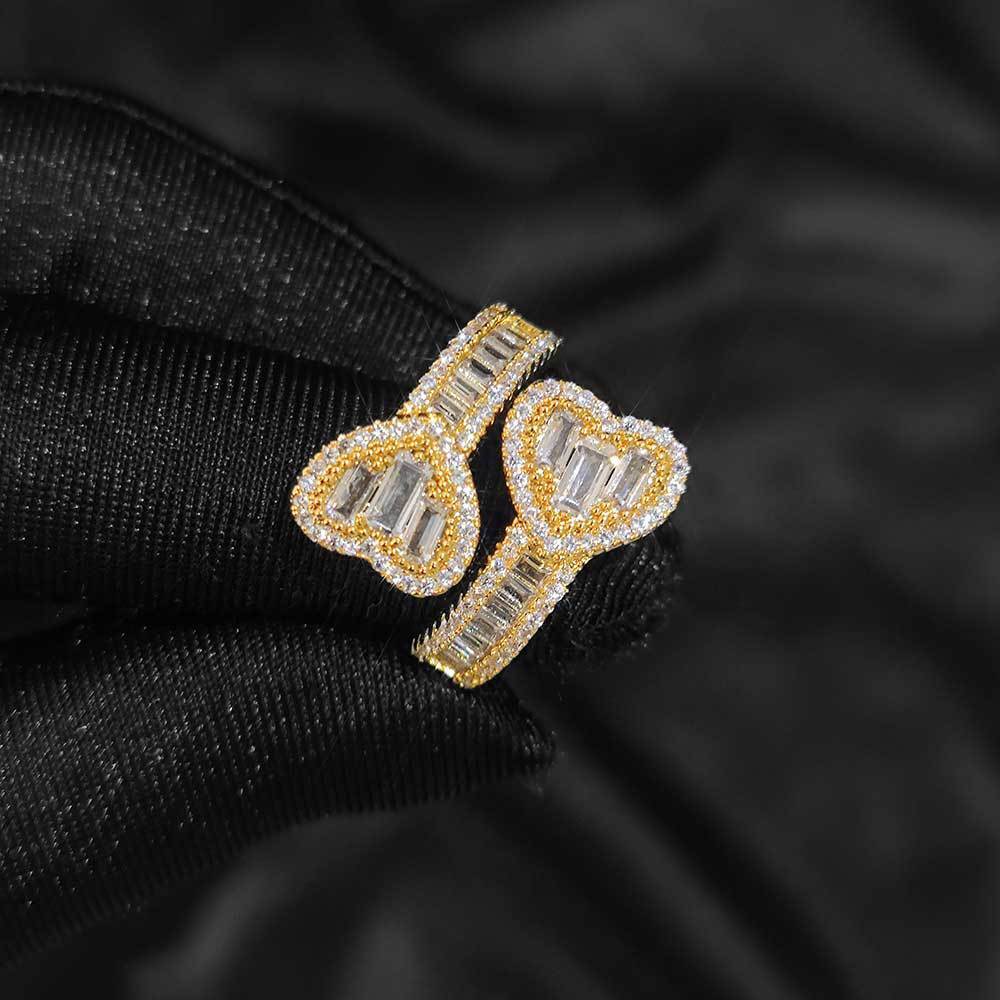 Square mixed Moissanite hip-hop heart ring personalized ring internet famous trendy brand mens and womens ring moissanite