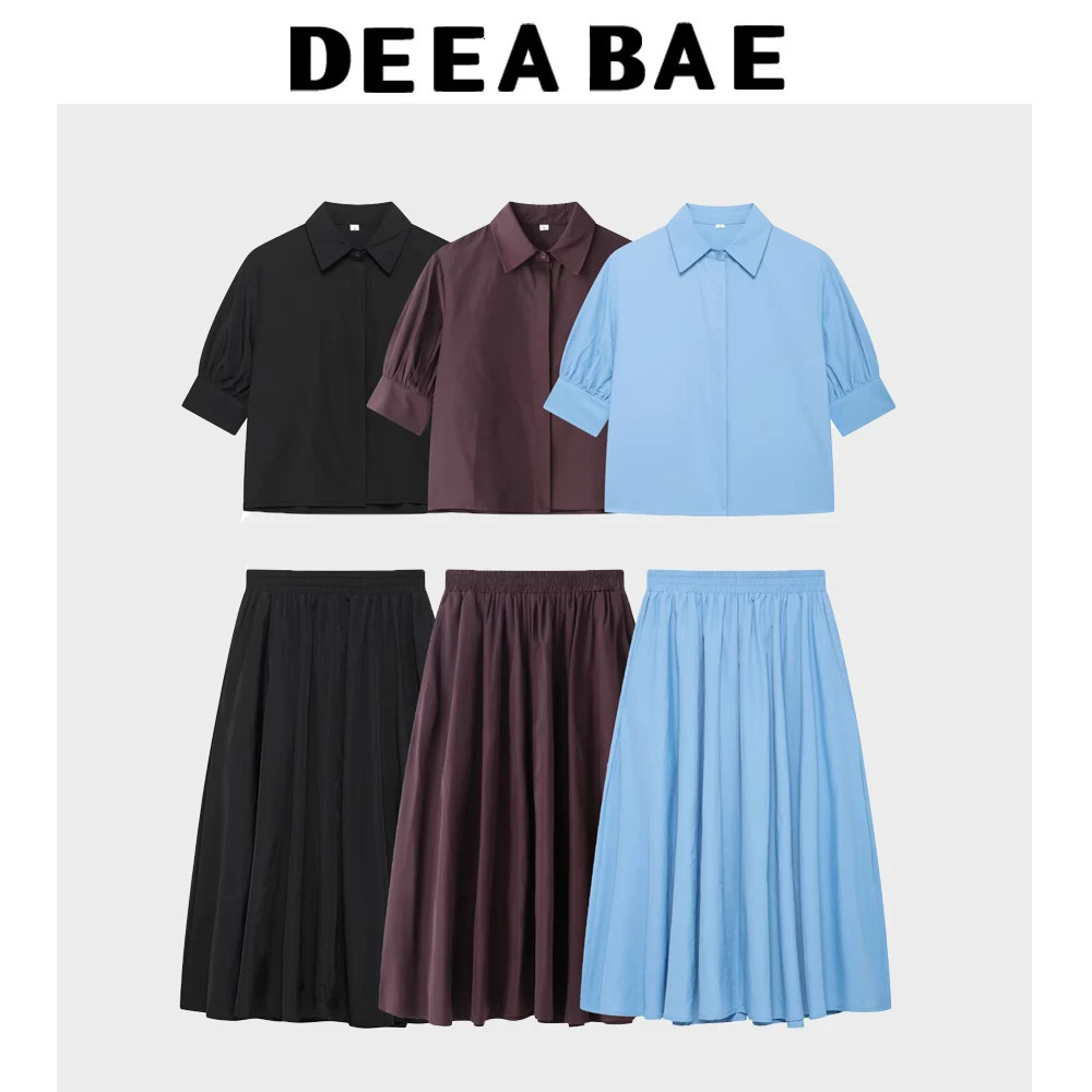 DEEABAE Spring Womens Clothing European And American Style French Fashion Short Sleeved Shirt Wide Swing MIDI Skirt 250605A