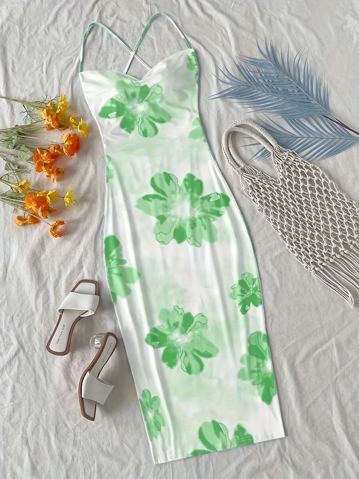 TikTok Viral Boho Dress Large Floral Maxi Surplice Neck Backless Thin Straps Beach Cover Up 250604