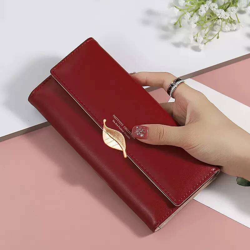 Summer new net red women's purse Japan and South Korea small fresh personality hardware leaf buckle hand bag 3 fold long wa