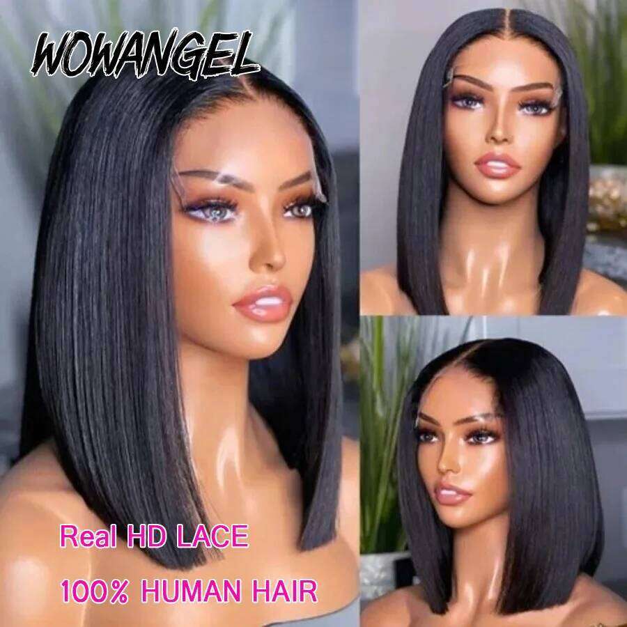 WOWANGEL Straight 5X5 HD Closure Ready To Wear Glueless 250% Bob Wig Lace Front Human Hair Wigs Pre Plucked
