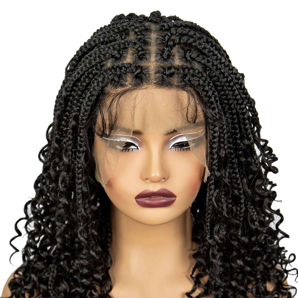 Knotless Box with Curly Ends Synthetic Full Lace Short Boho Braided Bob Wigs for Black Women