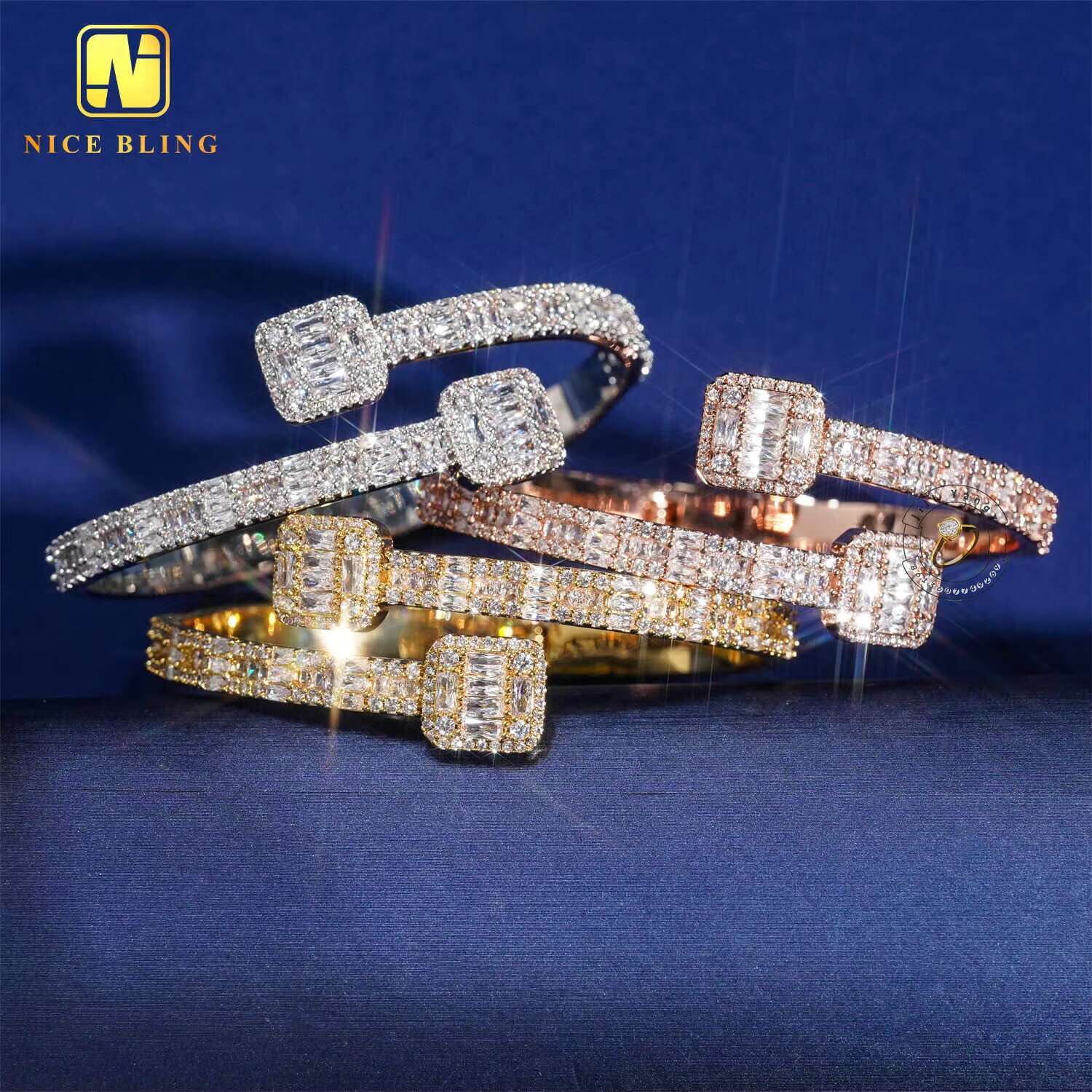 Ready Stock Good Quality Affordable Iced Out Bangle Bracelet 18k Gold Plated Necklace Moissanite Jewelry Hip Hop Rock Gifts