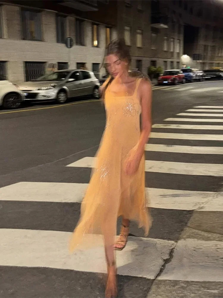 Sexy Beading Long Sling Dress Women 2025 Summer Irregular Square Collar Sleeveless Backless Beach Dresses Loose Holiday Robes 250604