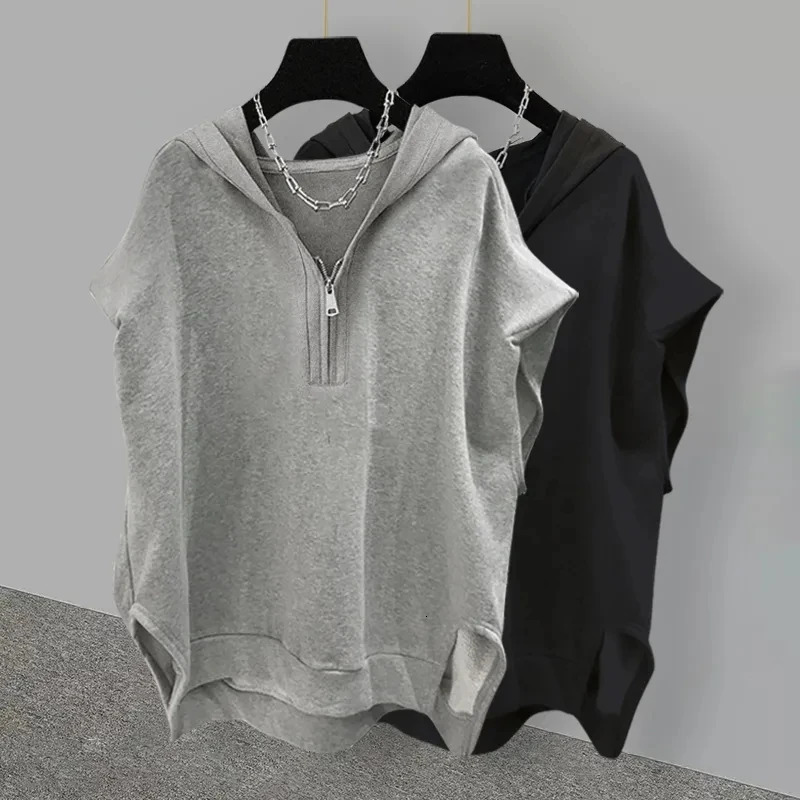 Sleeveless Zippered Half Open Collar Hooded Top Trendy Street Korean Version Womens Loose Versatile SpringSummer hoodies 250604