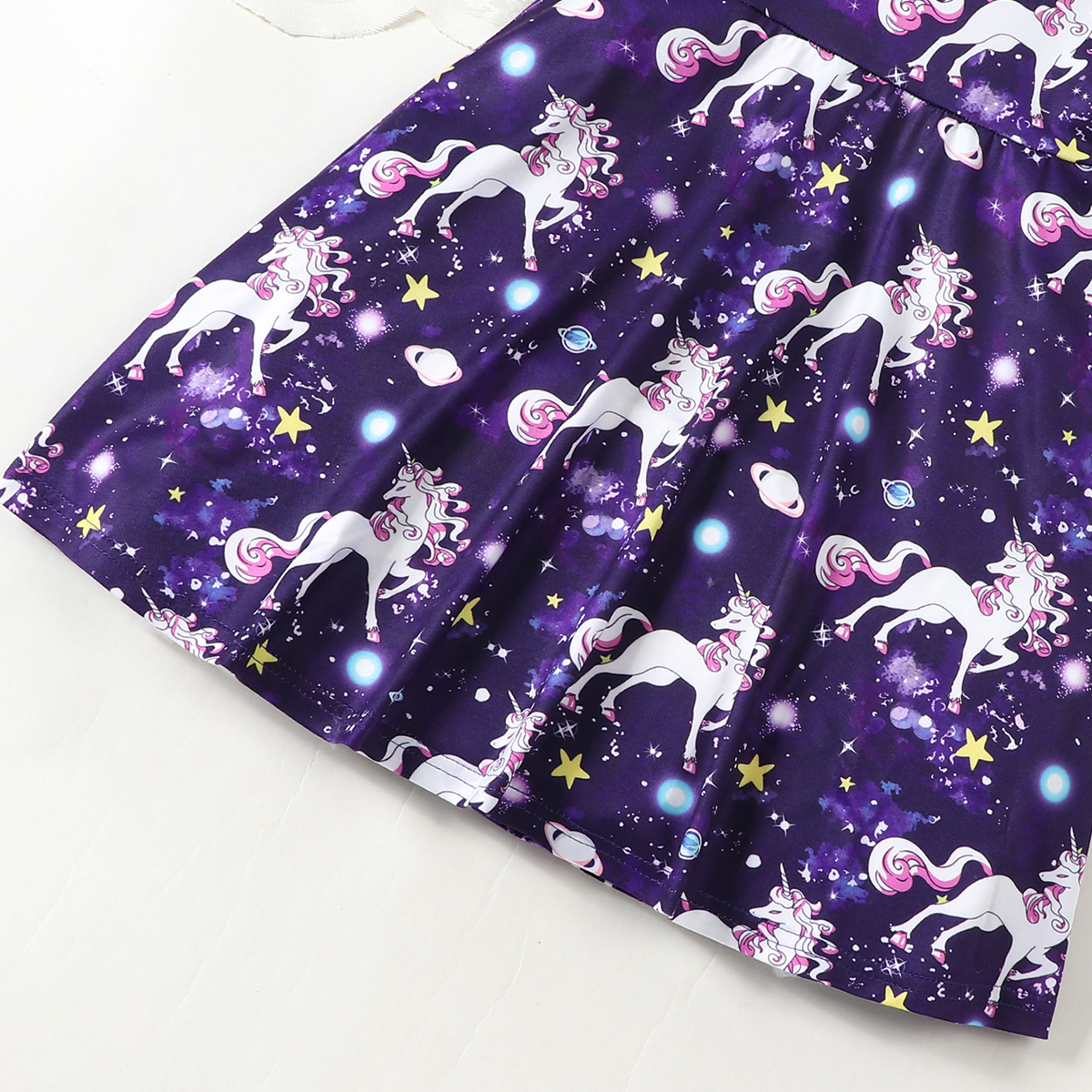 Summer Girl Cute Exclusive Beast Starry Sky Purple Full Print Round Neck Short Sleeve Waist Casual Dress for Baby Girls Cute Casual Fashion Dress Rand