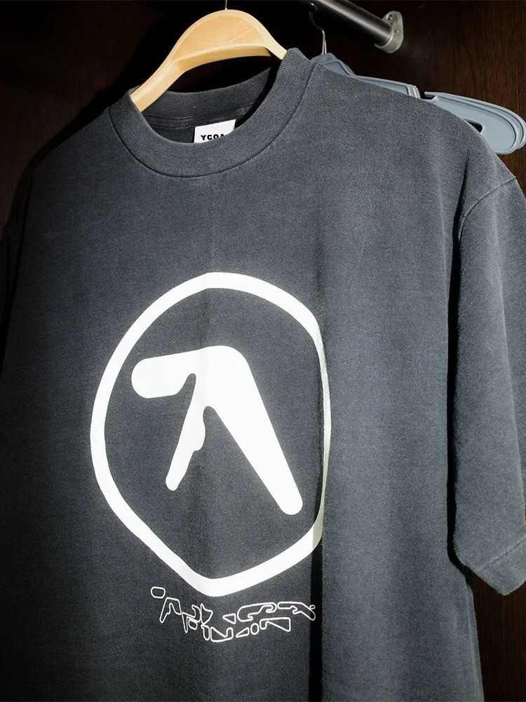 Men T-Shirt Aphex Twin Washed Black Print Cotton Graphic Oversized Korean Fashion Short Sleeve Tops Tees Y2k Streetwear Clothing 250605