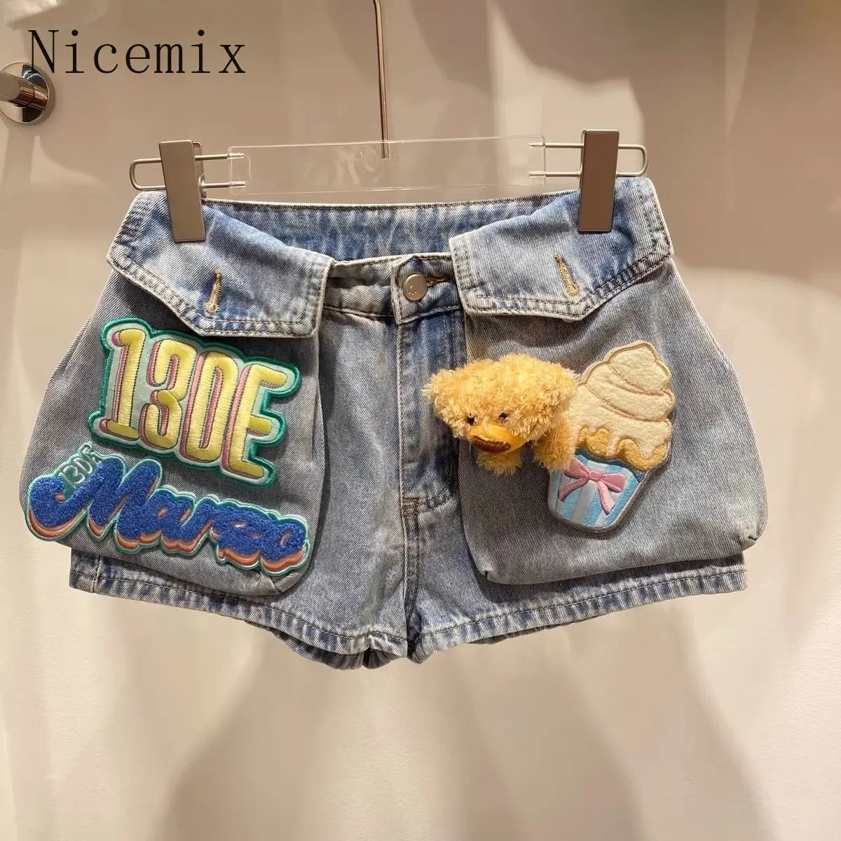 Nicemix 3D Teddy Bear Patch n Slim Fit Denim Shorts for Women Summer Stylish High Waist Loose Casual Jeans Women 250604