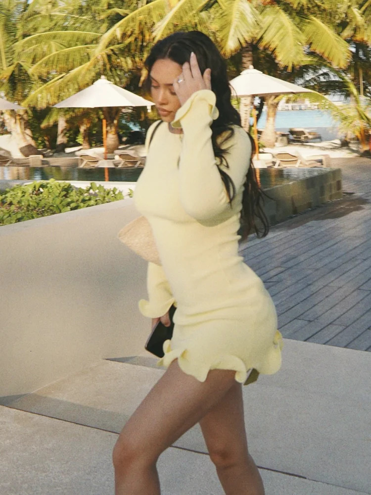 Yellow Curled Edge Knitted Mini Dress Women Fashion Round Collar Flare Long Sleeve Slim Vestido 2025 Lady Casual Holiday Dresses 250529