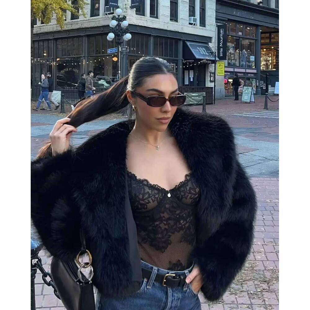TRA&F 2024 Woman Autumn Winter Faux Fur Plush Fluffy Women's Jacket New in Outerwears Gray Black Wool Blends Women Coat