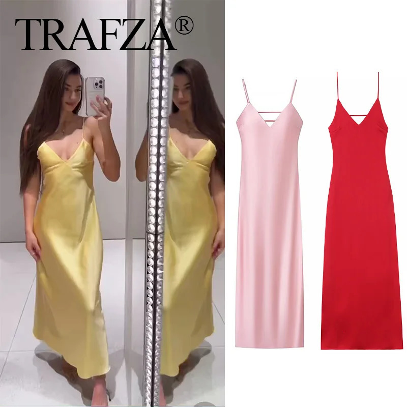 TRAFZA Summer Women VNeck Long Dress Elegant Slim Stain Pink Solid Strapless Backless For Evening Party 250604