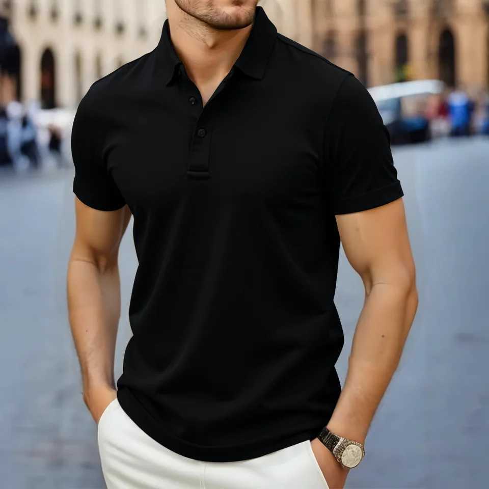 New Mens Business Casual Short Sleeve Shirt Solid Color Polo Shirt Fashionable Breathable Comfortable Versatile Top XJ250605