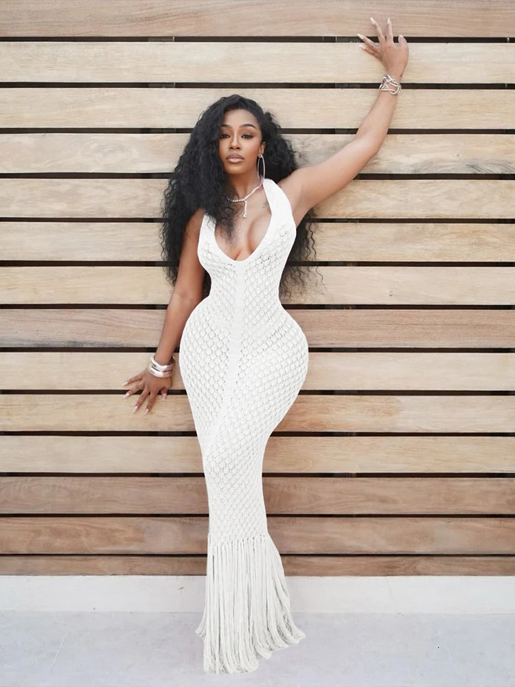 Wired Puss Backless Halter Dress Women Sexy Summer Deep VNeck Hollow Tassel Solid Patchwork Slim Midnight Party Club Dresses 250604