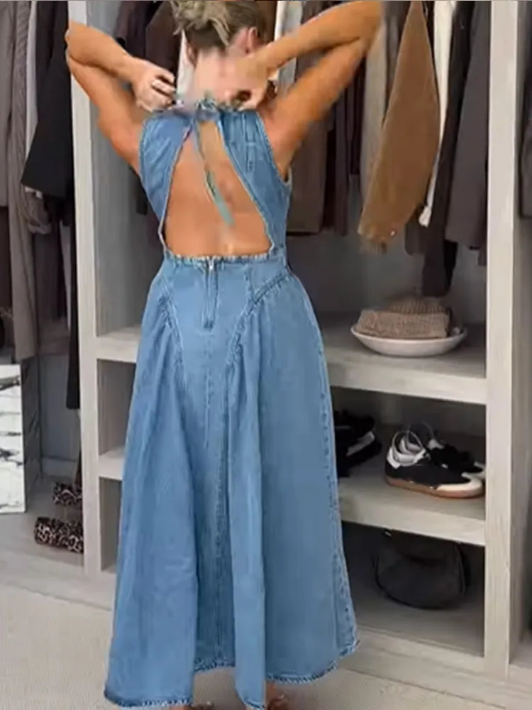 Women Blue Denim Pleated High Waist Aline Long Dress Sexy Backless Sleeveless Laceup Vestidos Elegant Street Party Dresses 250526