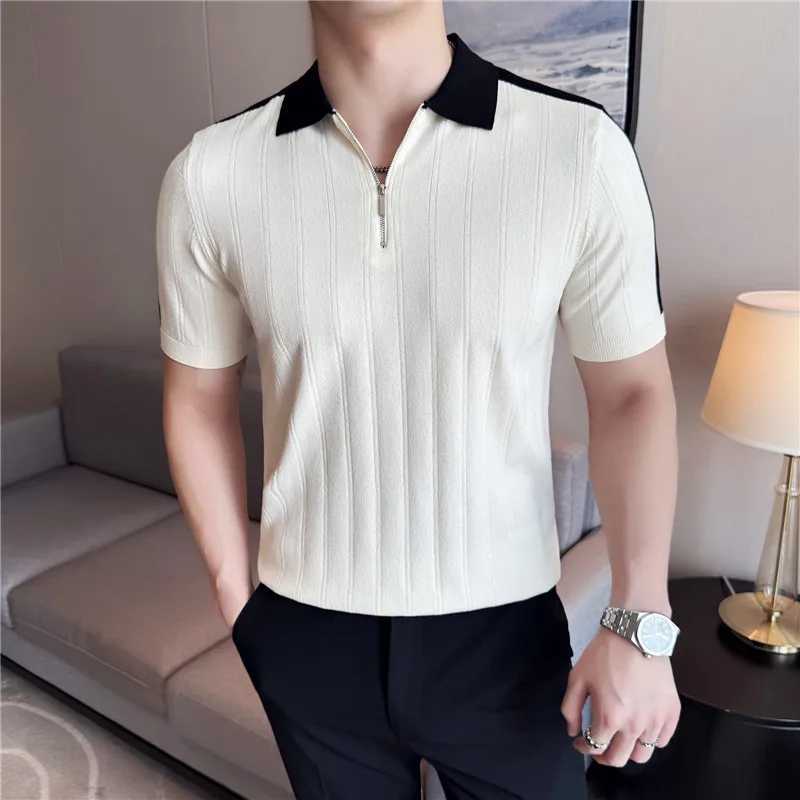 Men Knitted Polo Shirt British Style Summer Light Thin Short Sleeved Daily Wear Top Casual Striped Lapel T Shirt Men Clothing XJ250605