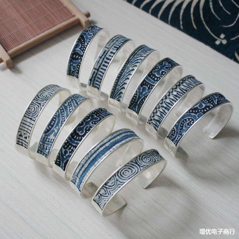 DHCollections Ancient Style Sier Wind Blue Old Couple Postage Bracelet Strip Text Wax Dyed Replica