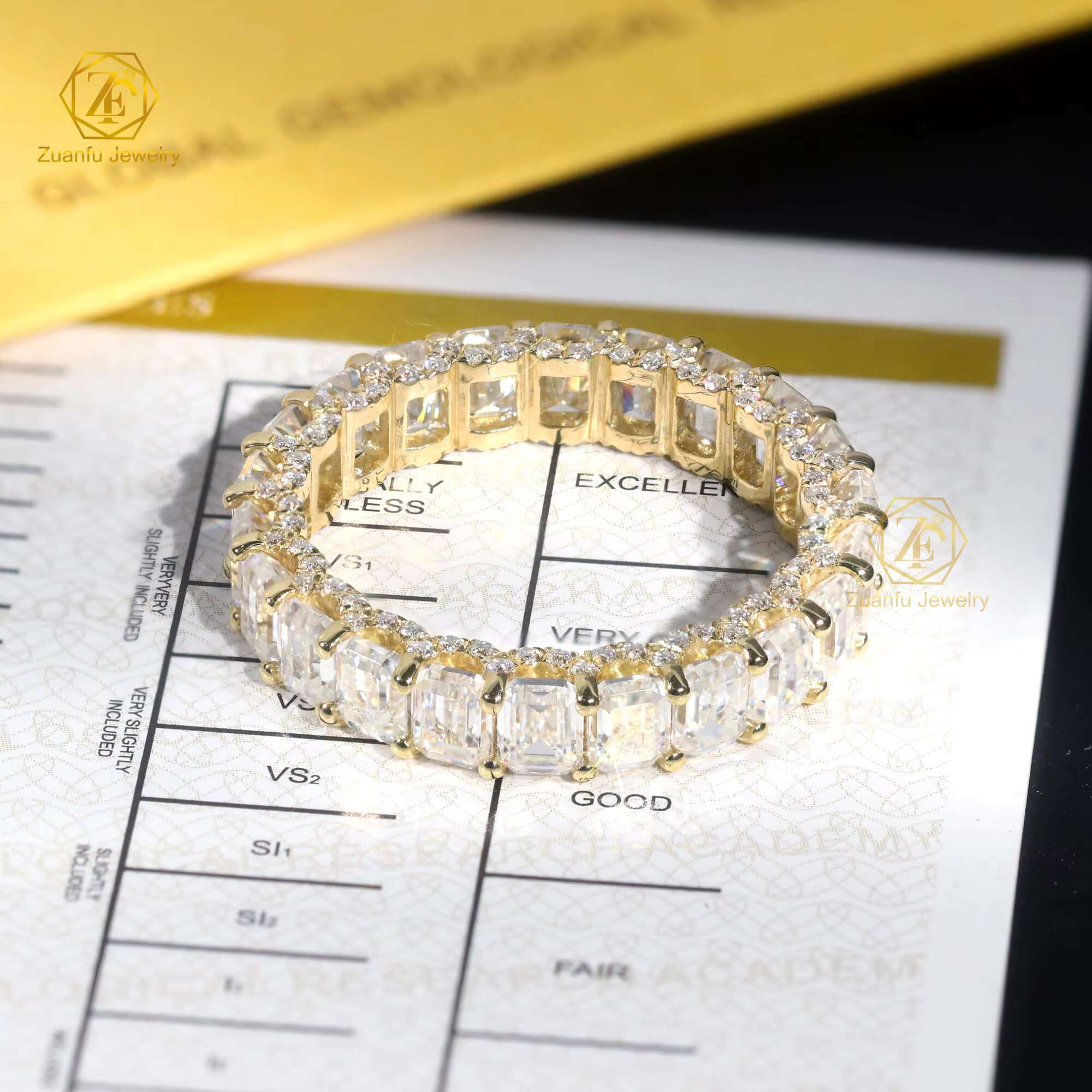 Full Eternity Emerald Band 3x4mm with 5carat Radiant Diamond Ring 14K White Gold Moissanite Diamond Ring