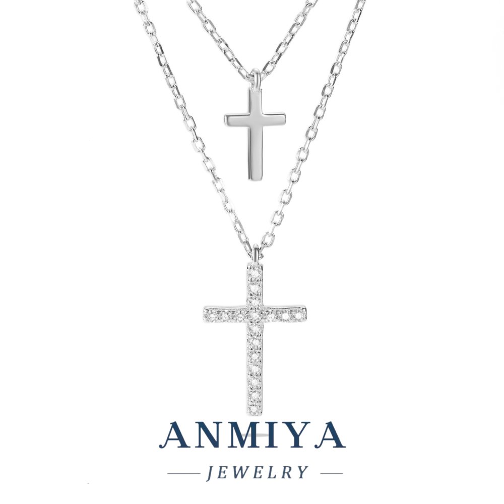 Minimalist 925 Silver Jewelry Double Layered Chain Cross Pendant Necklace with Zircon Inlay for Office and Casual Wear