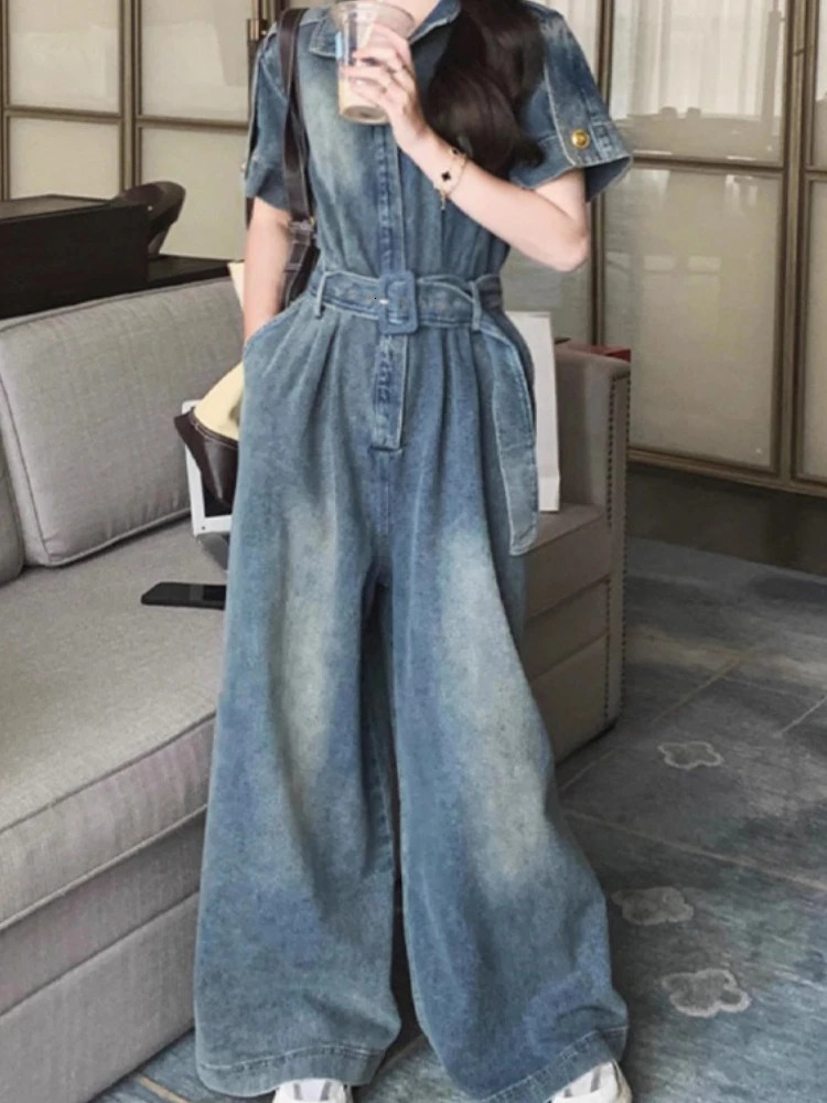 Women Vintage Street Wear Hip Hop Loose WideLeg One Piece Long Sets Jeans Romper in Summer Overalls Short Sleeve Jumpsuit 250604