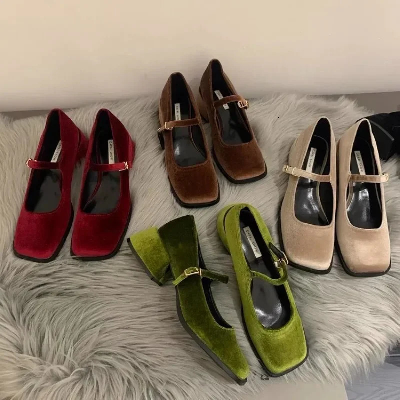 Spring Autumn Womens Party Shoes Medium Heel Retro Square Toe Velvet Mary Jane Shoes Flat Square Buckle Single Loafers 250604