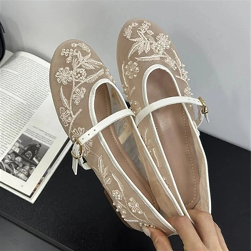 Aneikeh Elegant Ballet Dance Embroidered Flower Mesh Fabric Flat Heels Women Sandals Round Toe Buckle Strap Casual Mule Shoes 250603